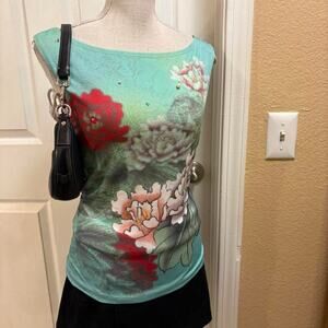 Ivory colorful floral print top with rhinestones. Size medium